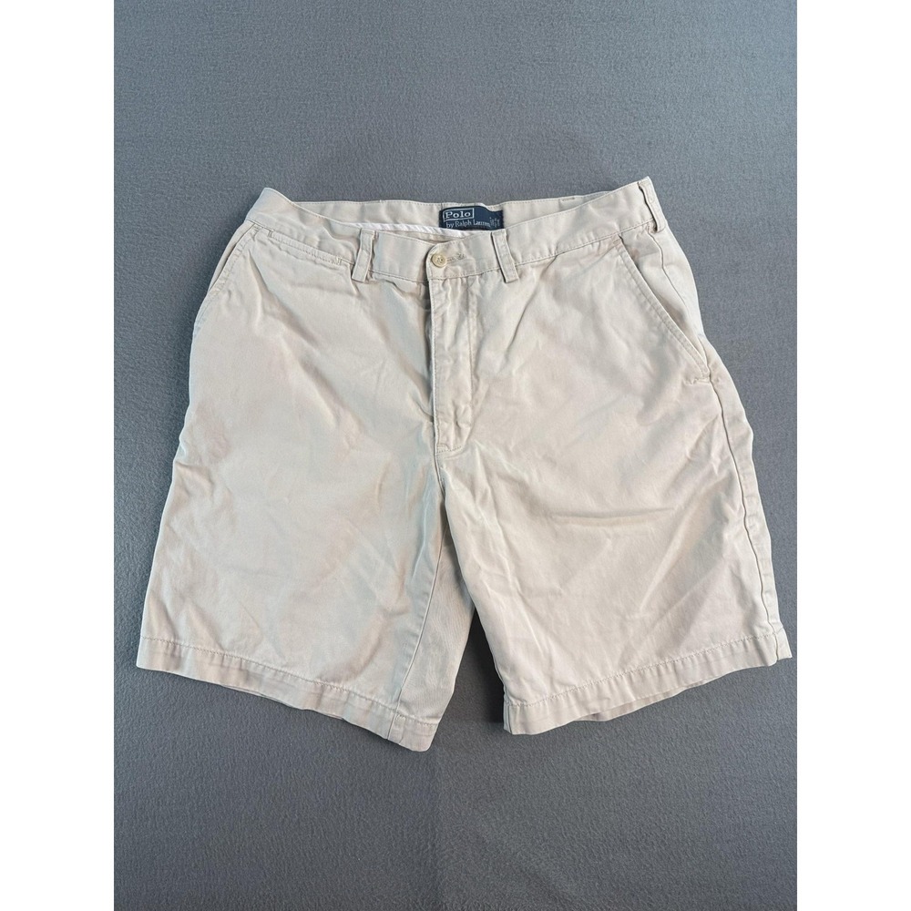 Vintage Polo Ralph Lauren Shorts Mens 34 Beige Chino Flat Front 9 Inseam Casual